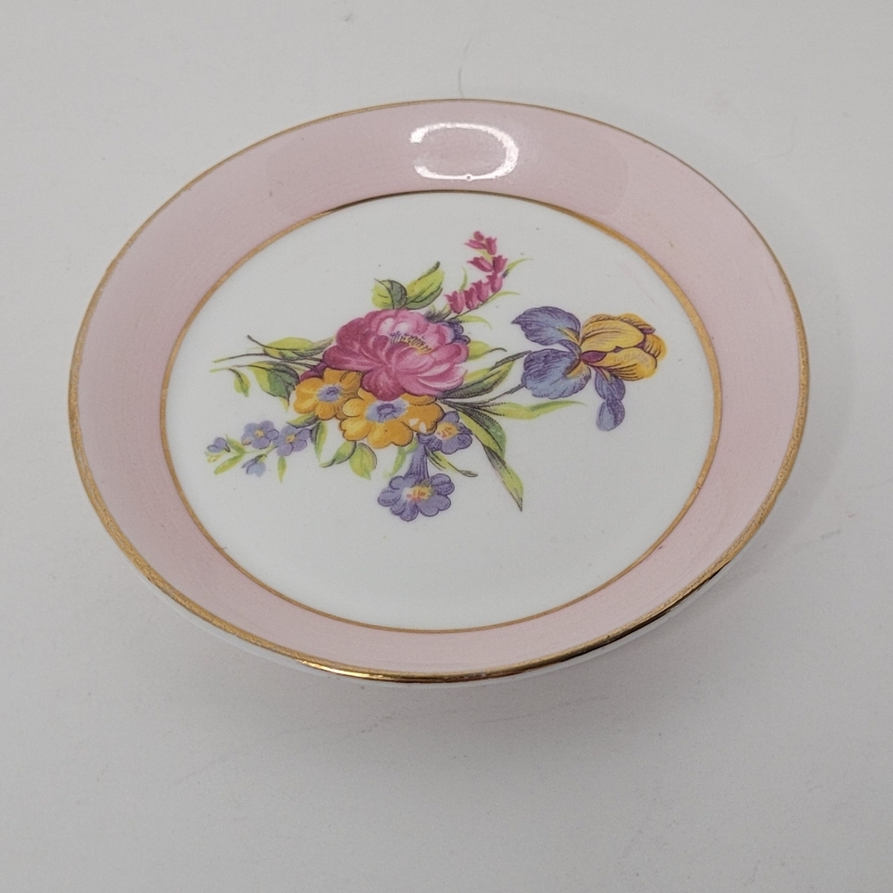 Floral Pink and Gold Trim Decorative Porcelain Trinket Dish Vintage
